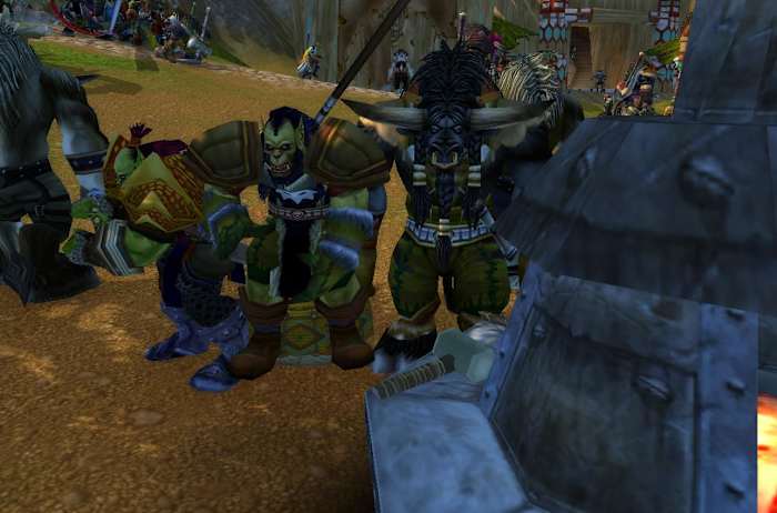 Players are hard at work crafting at the Thunder Bluff forge, the closest one to an auction house.